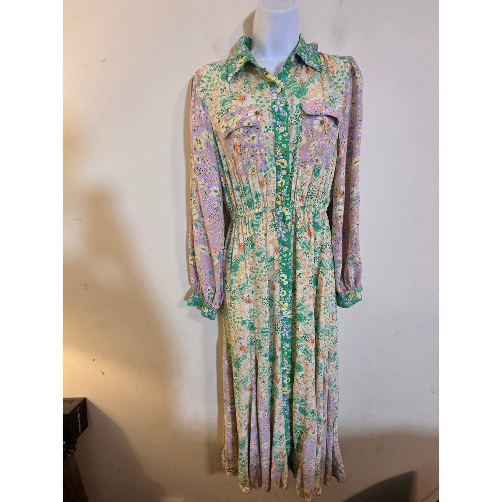 LOFT Mixed Floral Midi Shirt Dress Green Purple Viscose Long Sleeve XS SP24 - Picture 2 of 10